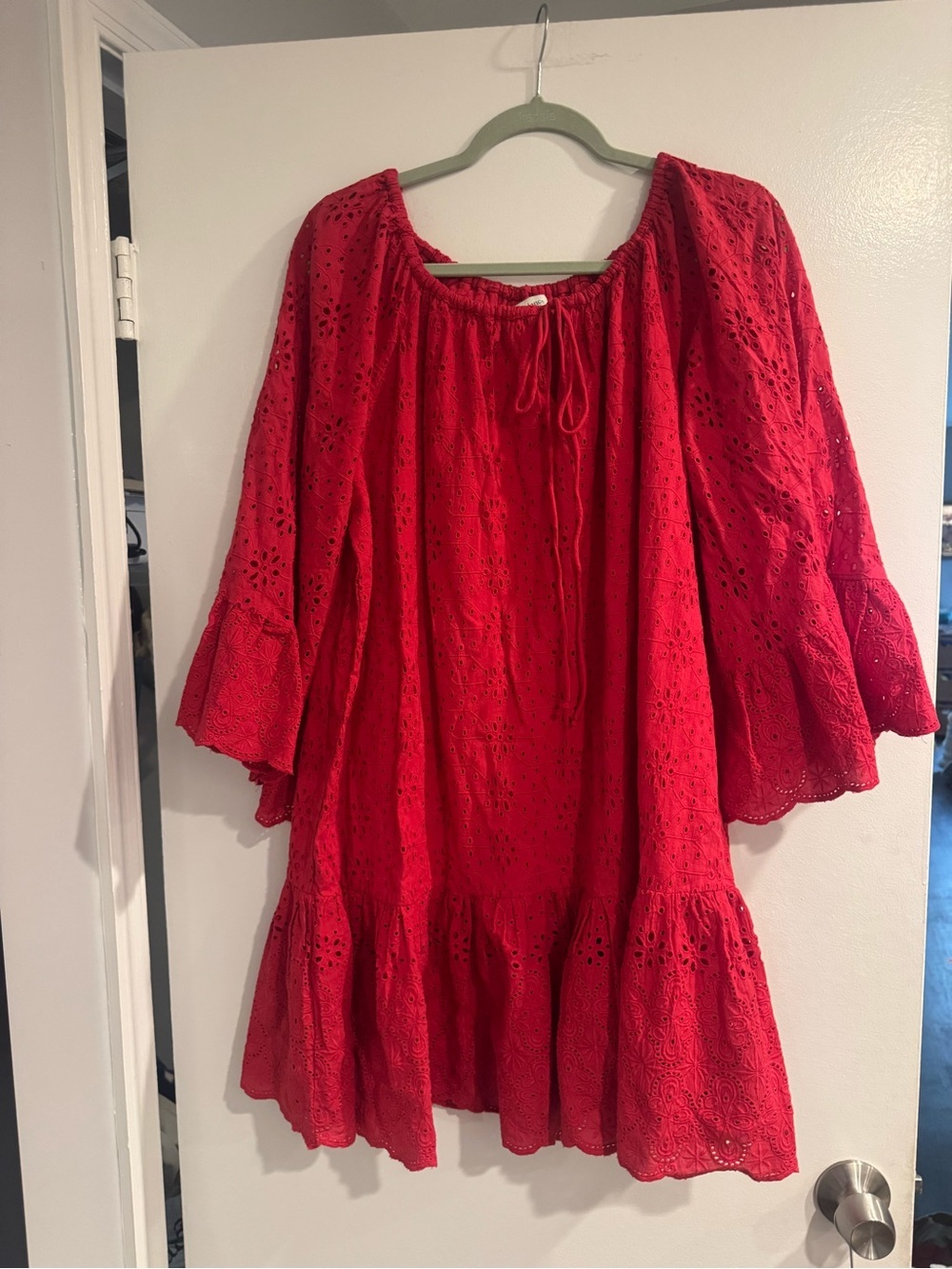 Sundance Bright Red Eyelet Peasant Dress XL Boho Cottagecore Cotton